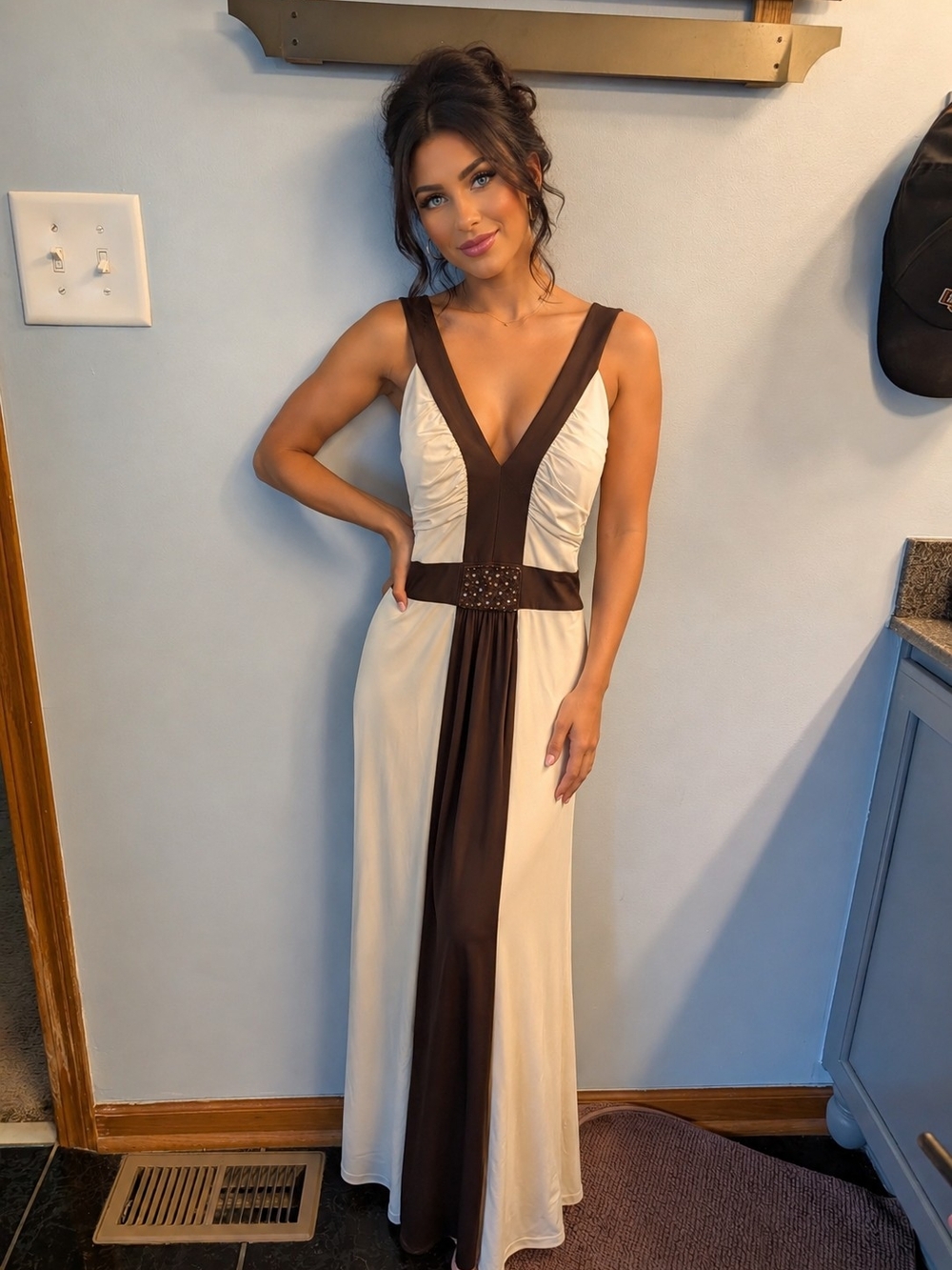 dressbarn Two-Tone Cream and Brown V-Neck Maxi Dress